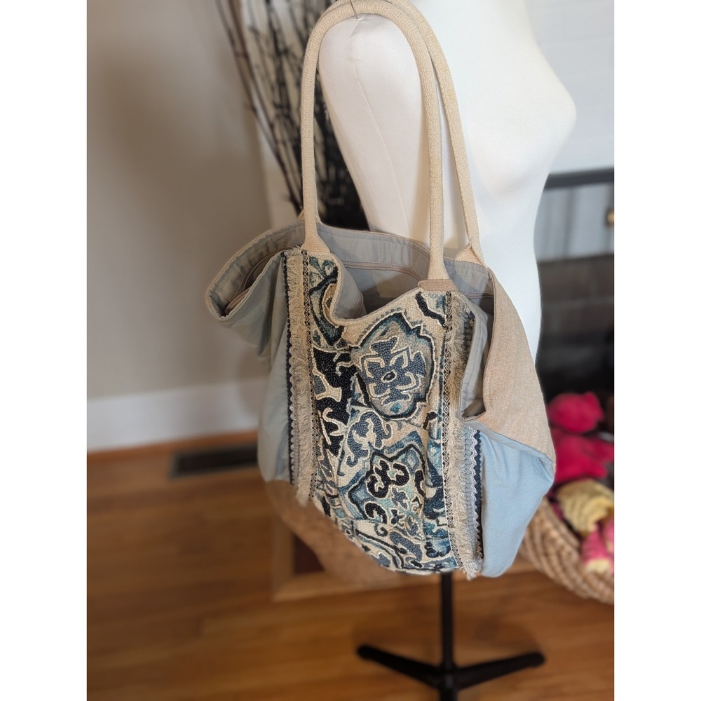 Beaded Boho Tote Bag Blue Cream Paisley Floral Linen Fringe Shopper Vintage